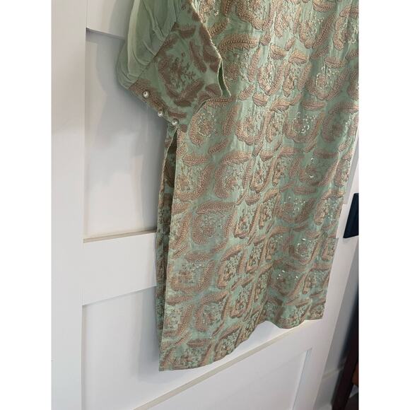 Agha Noor Embroidered Pearl Accents Chiffon Light Green Pistachio Top Sz Medium - Picture 9 of 10